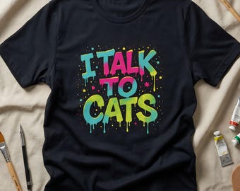Camiseta urbana con estampado de gato grafitero / Camiseta de manga corta con efecto de goteo de pintura para amantes de los gatitos