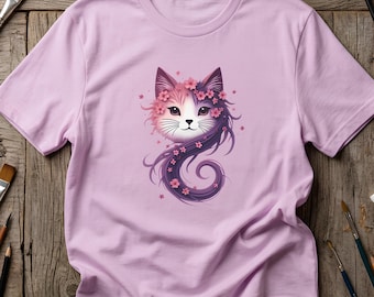 Mystiek katten T-shirt – Speelse kersenbloesem, fantasievol katten-vaporwave T-shirt