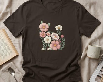Floral Cat Silhouette Tee | Botanical Garden Kitty Tshirt | Kitten Mom Gift
