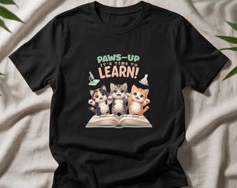 Paws Up Cat Teacher T-Shirt, 100% Cotton Tee for Back-to-School