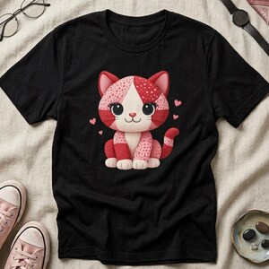 May include: Black t-shirt with a cartoon cat design in pink and red, with heart accents. The cat has a white face and is sitting. The shirt is surrounded by accessories, including glasses, a watch, and shoes.