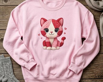 Boho Patchwork Cat Crewneck | Valentine Kitten Lover Sweatshirt