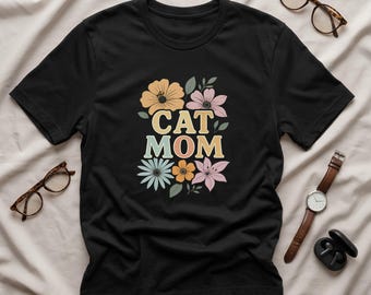 Camiseta para Mãe de Gato | Camisetas com Estampa Floral | Roupas de Algodão Macio para Amantes de Gatos