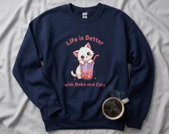Boba Cats Sweatshirt, Bubble Tea Cat Shirt, Kawaii Cat Top