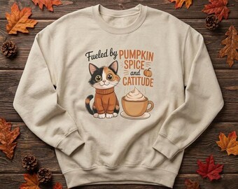 Trui met pompoen- en specerijenkat | Catitude trui met ronde hals | Kattentrui voor de herfst