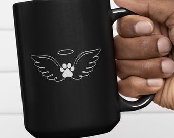 Pet Memorial Black Coffee Mug – Angel Wings Pawprint Cup – Dog & Cat Remembrance