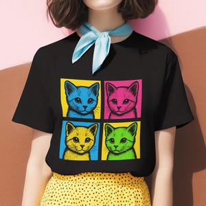 Cat Pop Art T‑Shirt – Colorful Cute Kitty Graphic Tee for Cat Lovers,, Andy Warhol Style, Graphic Cat Shirt, Vibrant Feline Top