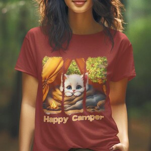 Camping Cat T-Shirt, Happy Camper Unisex Tee for Cat Lovers, Camping Shirt, Brushstroke Design, Outdoor Adventure Shirt, Summer Camp Apparel