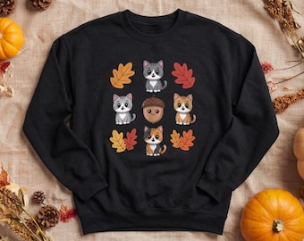 Fall Cat Sweatshirt – Cozy Autumn Kitten Crewneck | Cat Lover Gift | Cat Holiday Seasonal Pullover