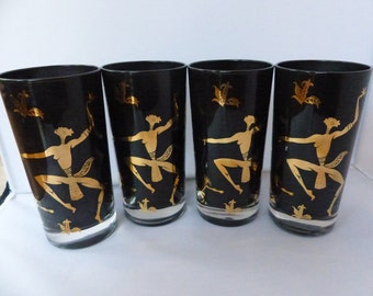 Vintage Josephine Baker MCM Black Metallic Gold Dancer Glasses - Set of Four