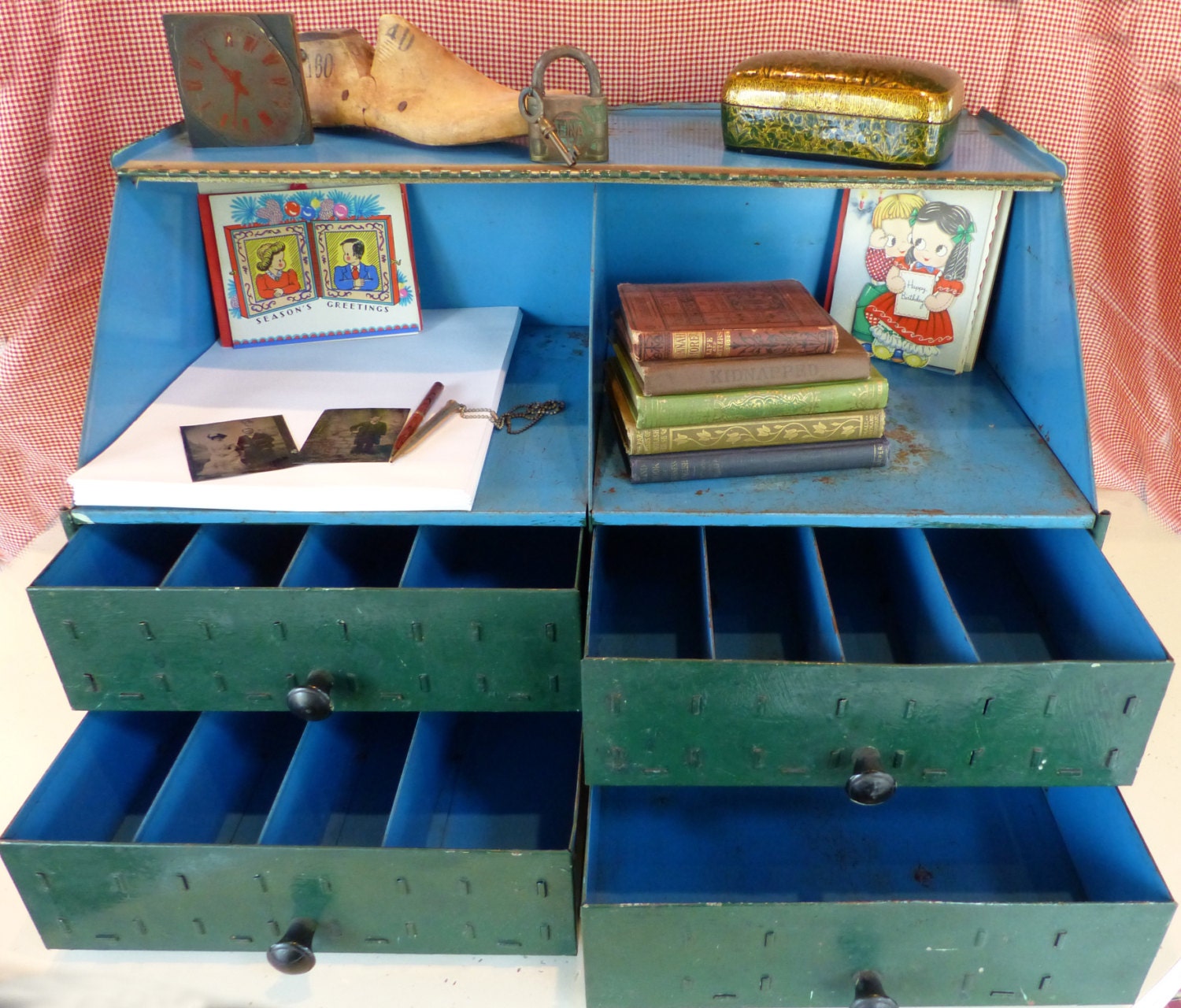 Vintage Metal Cabinet Box Tool Storage Drawers Flip Top Green Etsy