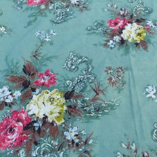 Vintage Green Floral Barkcloth Fabric Tubbables Domingo - Large Piece 46