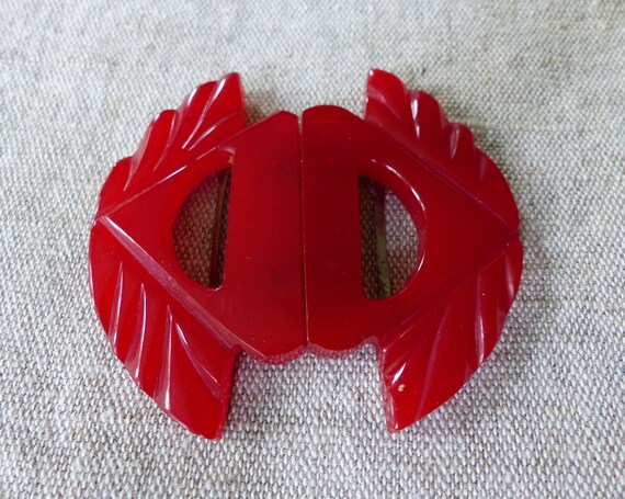 Vintage Belt Buckle Art Deco Red Bakelite Carved C