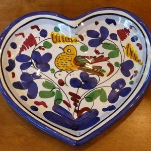Vintage Italian Pottery Heart Dish with Painted Bird and Flowers