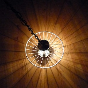 Mid Century Modern Atomic Pendant Light Metal White Wire With Chain Spaceship Design