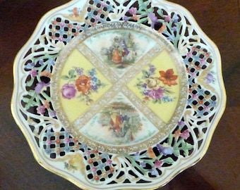 Antique Dresden Schumann Bavaria Courting Plate Reticulated Edging Gold Accents
