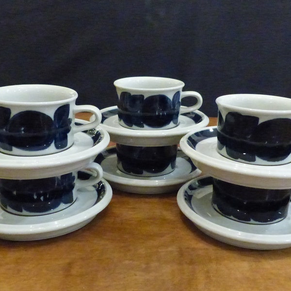Vintage Arabia Blue Anemone Tea Cups, Demitasse Cups Mid Century Modern Finland - 1960's, Designer Ulla Procobe