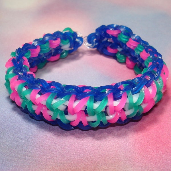 Blues Pink White Rainbow Loom Bracelet Colorful Intricate Designed Rubber 6" Band - BR1