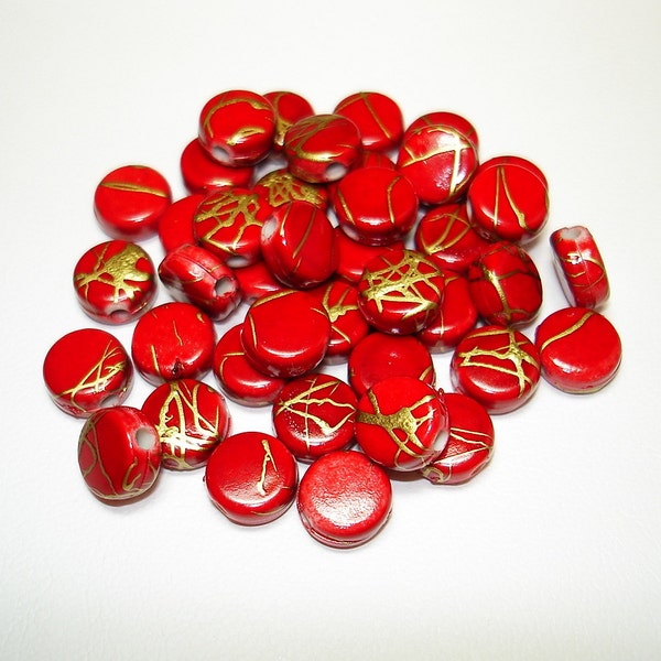 Red Drawbench Acrylic Flat Round Beads (Qty 40) - B2009