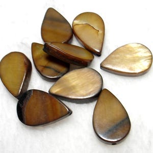 May include: A collection of nine teardrop-shaped beads crafted from polished brown shell. Each bead features a smooth, glossy surface with natural variations in color, ranging from light tan to deep chocolate brown with dark streaks.