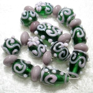 Green Transparent Opaque Lavender Handmade Lampwork Glass 10-20mm Beads (Qty 21) - B6396