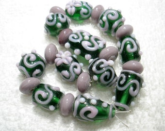 Green Transparent Opaque Lavender Handmade Lampwork Glass 10-20mm Beads (Qty 21) - B6396