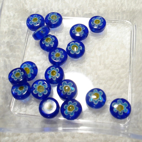 Blue with Light Blue Yellow Flower Handmade Millefiori Glass Flat Round 8x4mm Beads Qty 16 - B7347