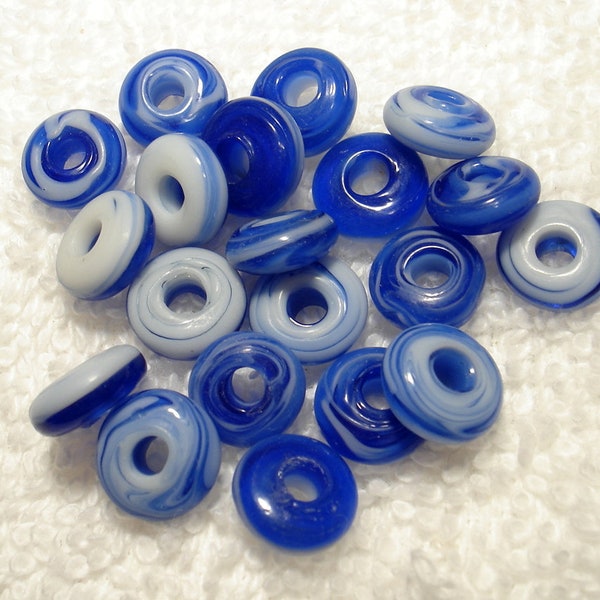 Blue White Swirled Handmade Glass Large Hole Rondelle 9x3mm Beads (Qty 20) - B6371