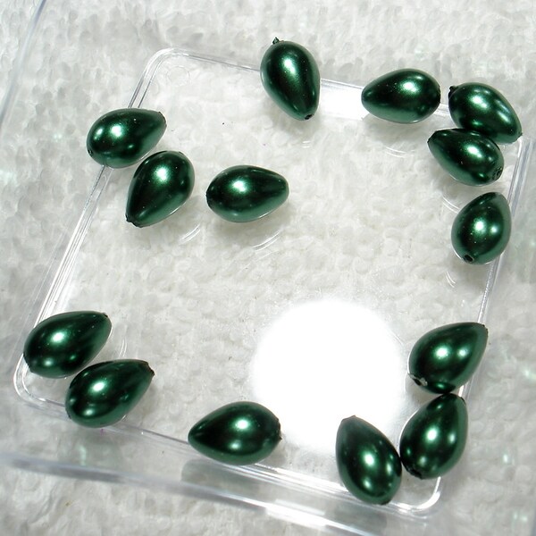 Deep Green Shiny Pearl Glass Teardrop 5x9mm Beads Qty 14 - B7363