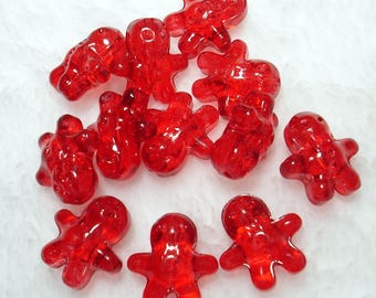 Red Transparent Glass Gingerbread Man Christmas 15x14x7mm Beads, Pack of 12