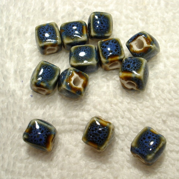 Blue Speckled Handmade Porcelain Cube Larger Hole 7-8mm Beads Qty 12 - B7534