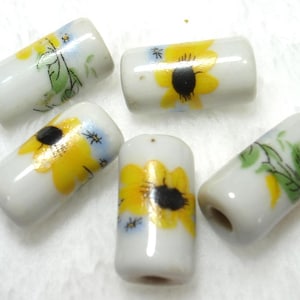 White Yellow Floral Printed Handmade Porcelain Round Tube 16x9mm Vintage Beads Qty 5 - B9000
