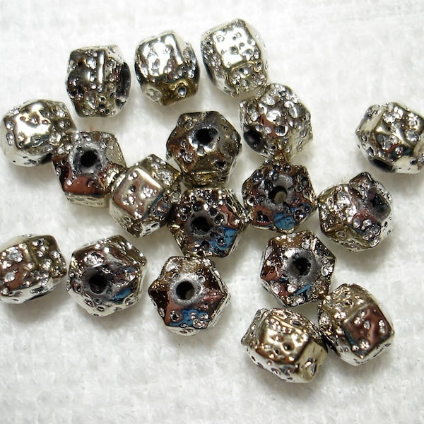 Silver Gold Electroplated Natural Lava Rock Bumpy Hexagon 6x7mm Beads (Qty 18) - B5580