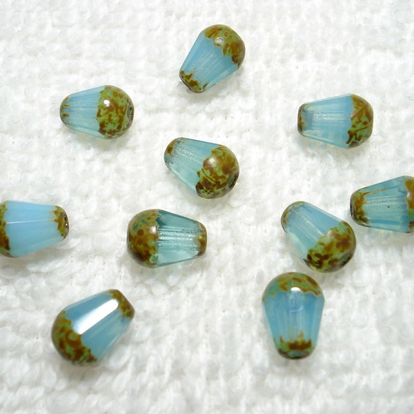 Aqua Opal Picasso Faceted Czech Firepolish Teardrop 8x6mm Beads (Qty 10) - B6044