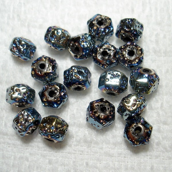 Blue Gold Electroplated Natural Lava Rock Bumpy Hexagon 6x7mm Beads (Qty 18) - B5615