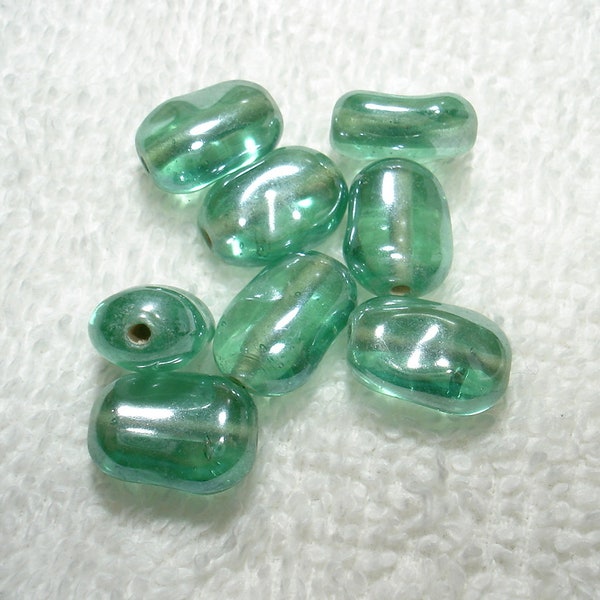 Green Apple Luster Handmade Glass Jelly Bean 10x15x6mm Beads (Qty 8) - B6971