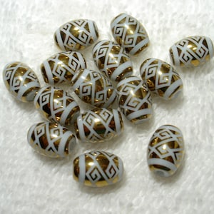 Golden Electroplated Design White Glass Barrel 11x8mm Beads (Qty 12) - B7187
