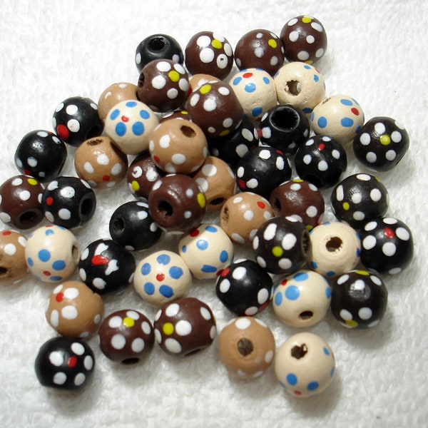 Mix of Natural Floral Dot Painted Wood Round 10mm Beads (Qty 48) - B5866