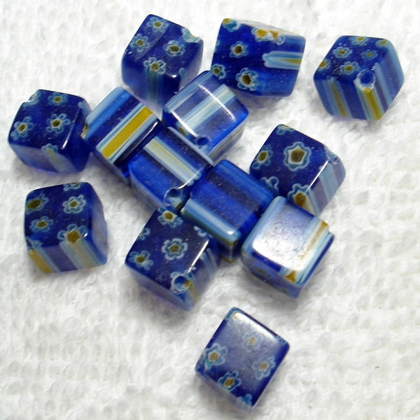 Blue Floral Handmade Glass Millefiori Diagonal Hole Cube 8mm Beads Qty 12 - B7660