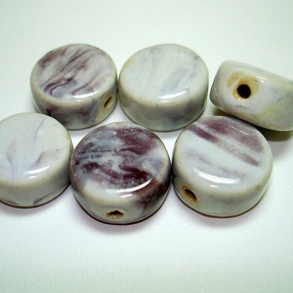 Purple Swirl Flat Thick Round Porcelain Beads (Qty 6) - B2465