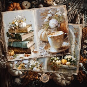 May include: A vintage collage with autumnal themes. A stack of old books is topped with a small pumpkin and flowers. A cup of coffee sits near a white pumpkin. Other elements include pumpkins, flowers, and the text "T&T Paper Co."
