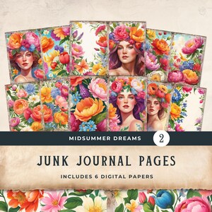 Midsummer Junk Journal Pages Brilhantes Peônia Florais Jardim Diário Summer Goddess Journal Pages Imprimível Digital Paper Scrapbook -vol2 11x8.5