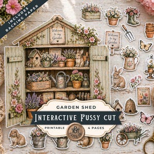 May include: A printable "Garden Shed" interactive fussy cut set featuring a garden shed, flowers, rabbits, and garden tools. The set includes backing paper and is designed for crafting projects. The image includes the text "Welcome to my Garden".
