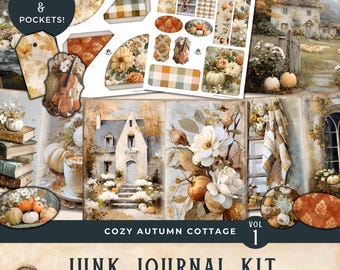 Cozy Autumn Cottage Junk Journal Kit autumn papers fall pumpkins harvest season gingham leaves printable kit digital download vol1 - 11x8.5