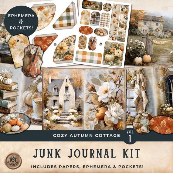 Cozy Autumn Cottage Junk Journal Kit autumn papers fall pumpkins harvest season gingham leaves printable kit digital download vol1 - 11x8.5