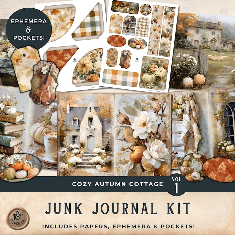 May include: A junk journal kit with a cozy autumn cottage theme. The kit includes papers, ephemera, and pockets. The image features watercolor illustrations of pumpkins, flowers, and a cottage. The text reads "Cozy Autumn Cottage Vol 1" and "Junk Journal Kit".