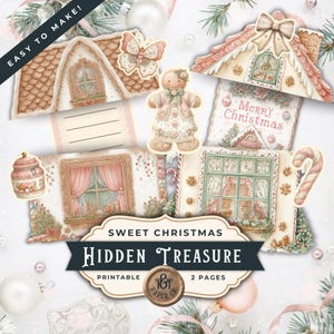 Könnte beinhalten: Eine Sammlung von druckbaren Papierbastelarbeiten zum Thema Weihnachten. Die Designs umfassen Lebkuchenhäuser, Fenster mit Vorhängen, eine Lebkuchenfigur und ein Glas. Der Text auf dem Bild lautet "Sweet Christmas" und "Hidden Treasure".