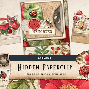 May include: A collection of decorative paperclips and ephemera with a ladybug theme. The design includes red roses, butterflies, and ladybugs. The text "MEMORIES" is visible on a label. The banner reads "LADYBUG HIDDEN PAPERCLIP INCLUDES 3 CLIPS & EPHEMERA".