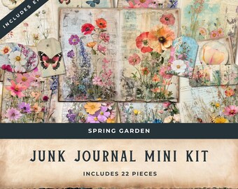 Spring Garden Junk Journal Mini Kit, Garden Ephemera, botanical journal, cottagecore floral junk journal kit, digital download  - 11x8.5