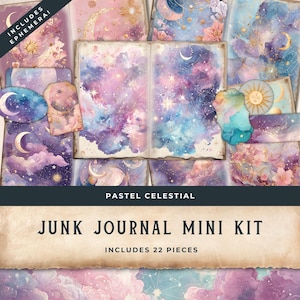 Könnte beinhalten: Ein pastellfarbenes himmlisches Junk-Journal-Mini-Kit mit 22 Teilen. Das Kit enthält verschiedene Aquarelldesigns mit Monden, Sternen und Wolken in Rosa-, Lila- und Blautönen. Der Text "Includes Ephemera!" ist sichtbar.